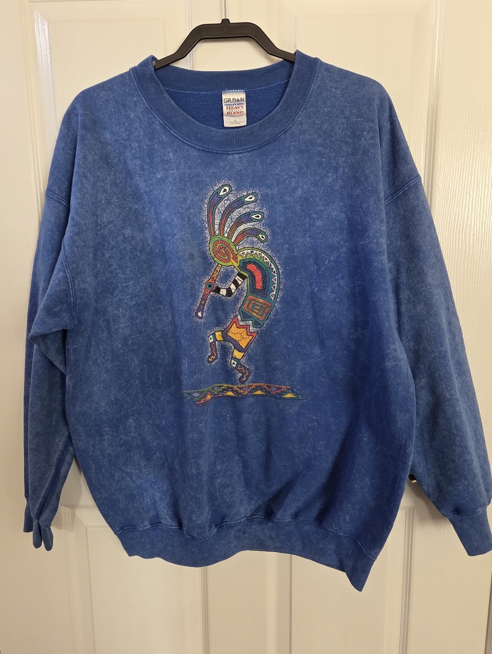 Vintage Gildan Heavy Blend Native American Kokopelli Blue Sweatshirt Size XL